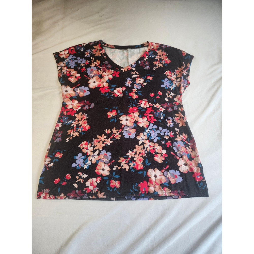 Floral V-Neck Cap Sleeve Top Black Pink Blue Size Medium Stretch‎ Jersey